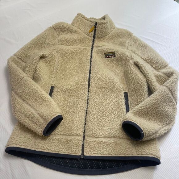 LL Bean Mountain Deep Pile Sherpa Fleece Jacket Cream Oatmeal Women’s Medium - Picture 1 of 9
